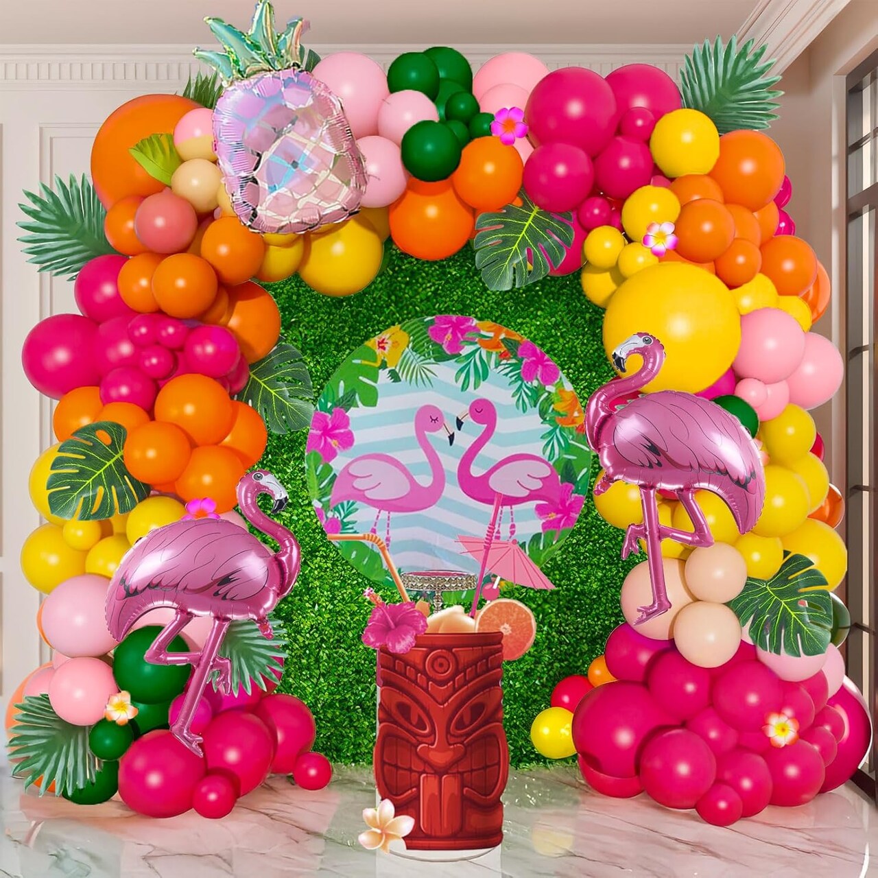 Tropical Hot Pink and orange flamingo Balloons garland arch kit 130pcs with pineapple for Summer Beach luau aloha theme party decorations Pool Party Supplies